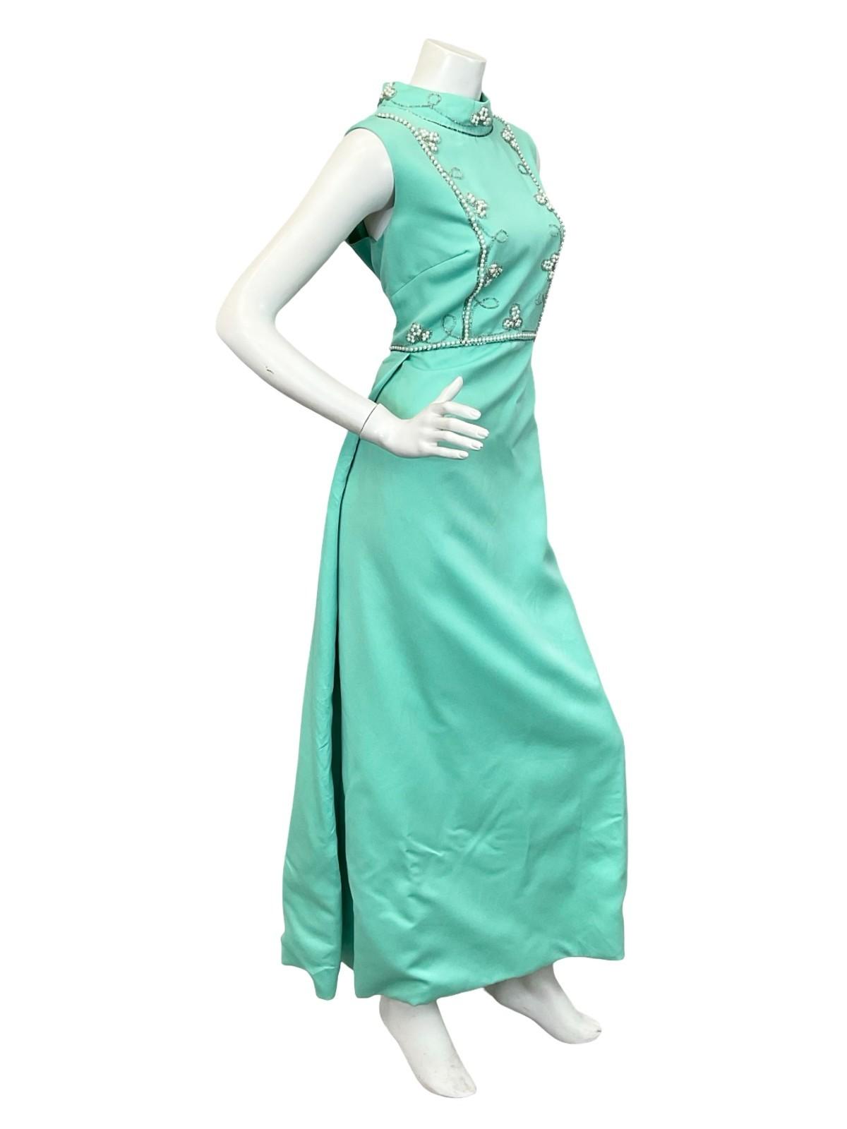 VTG 60S 70S MINT GREEN AQUA PEARL SILVER EMBELLISHED MOD EVENING MAXI DRESS 12