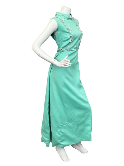 VTG 60S 70S MINT GREEN AQUA PEARL SILVER EMBELLISHED MOD EVENING MAXI DRESS 12