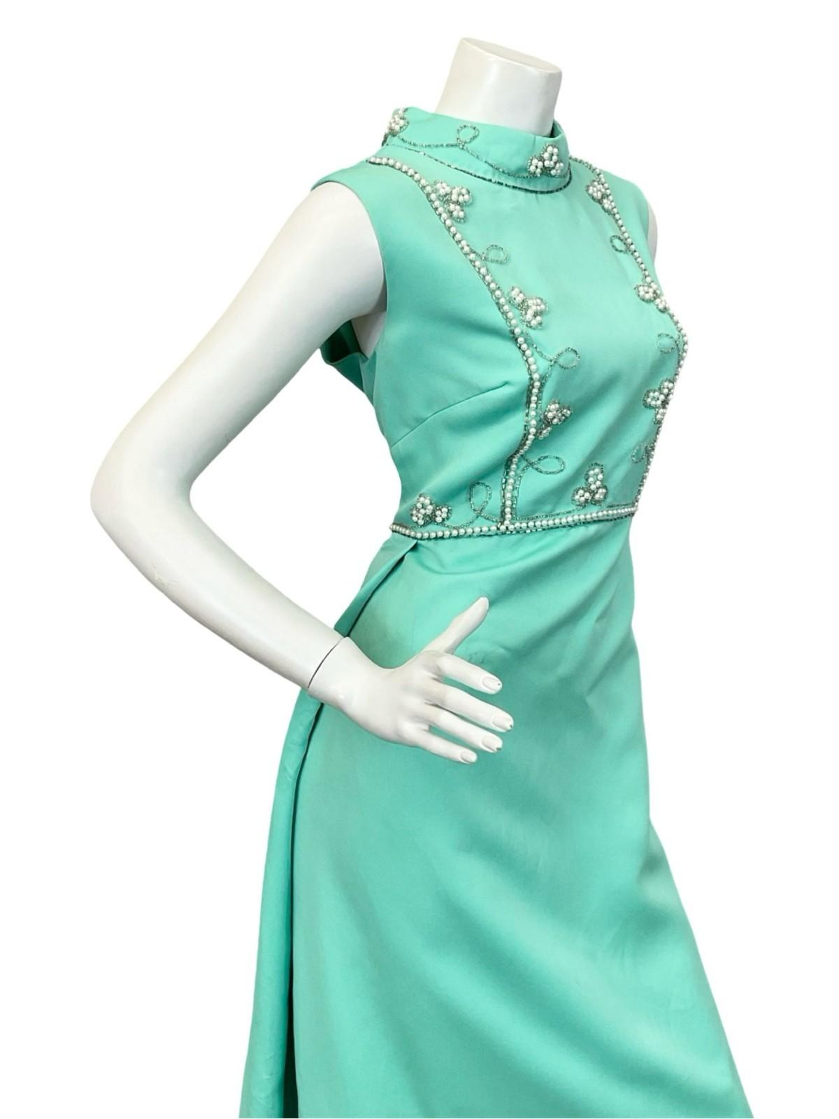 VTG 60S 70S MINT GREEN AQUA PEARL SILVER EMBELLISHED MOD EVENING MAXI DRESS 12