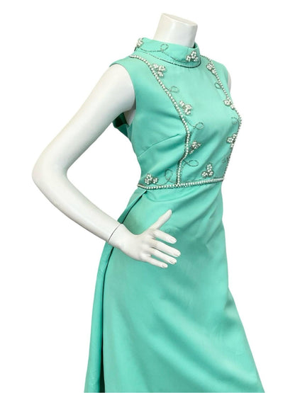 VTG 60S 70S MINT GREEN AQUA PEARL SILVER EMBELLISHED MOD EVENING MAXI DRESS 12