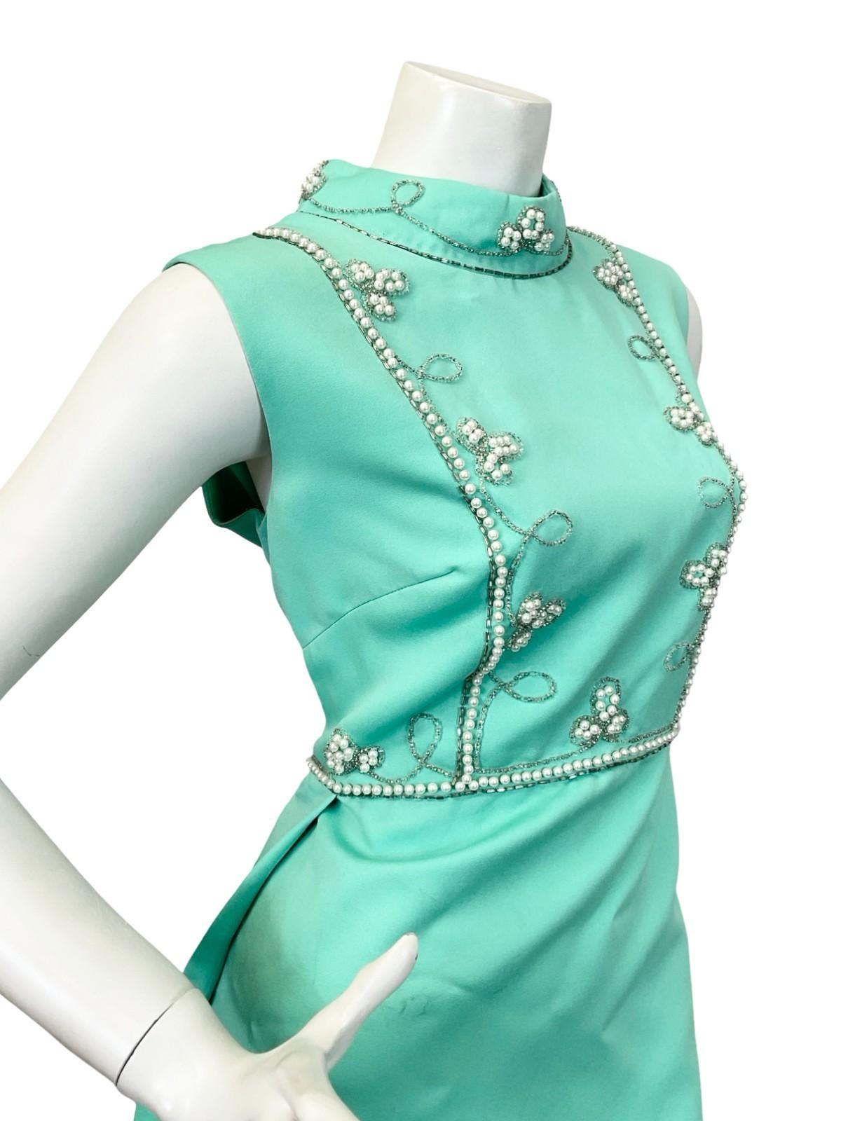 VTG 60S 70S MINT GREEN AQUA PEARL SILVER EMBELLISHED MOD EVENING MAXI DRESS 12