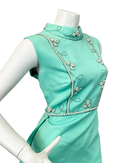 VTG 60S 70S MINT GREEN AQUA PEARL SILVER EMBELLISHED MOD EVENING MAXI DRESS 12