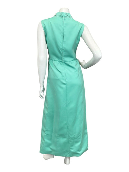 VTG 60S 70S MINT GREEN AQUA PEARL SILVER EMBELLISHED MOD EVENING MAXI DRESS 12