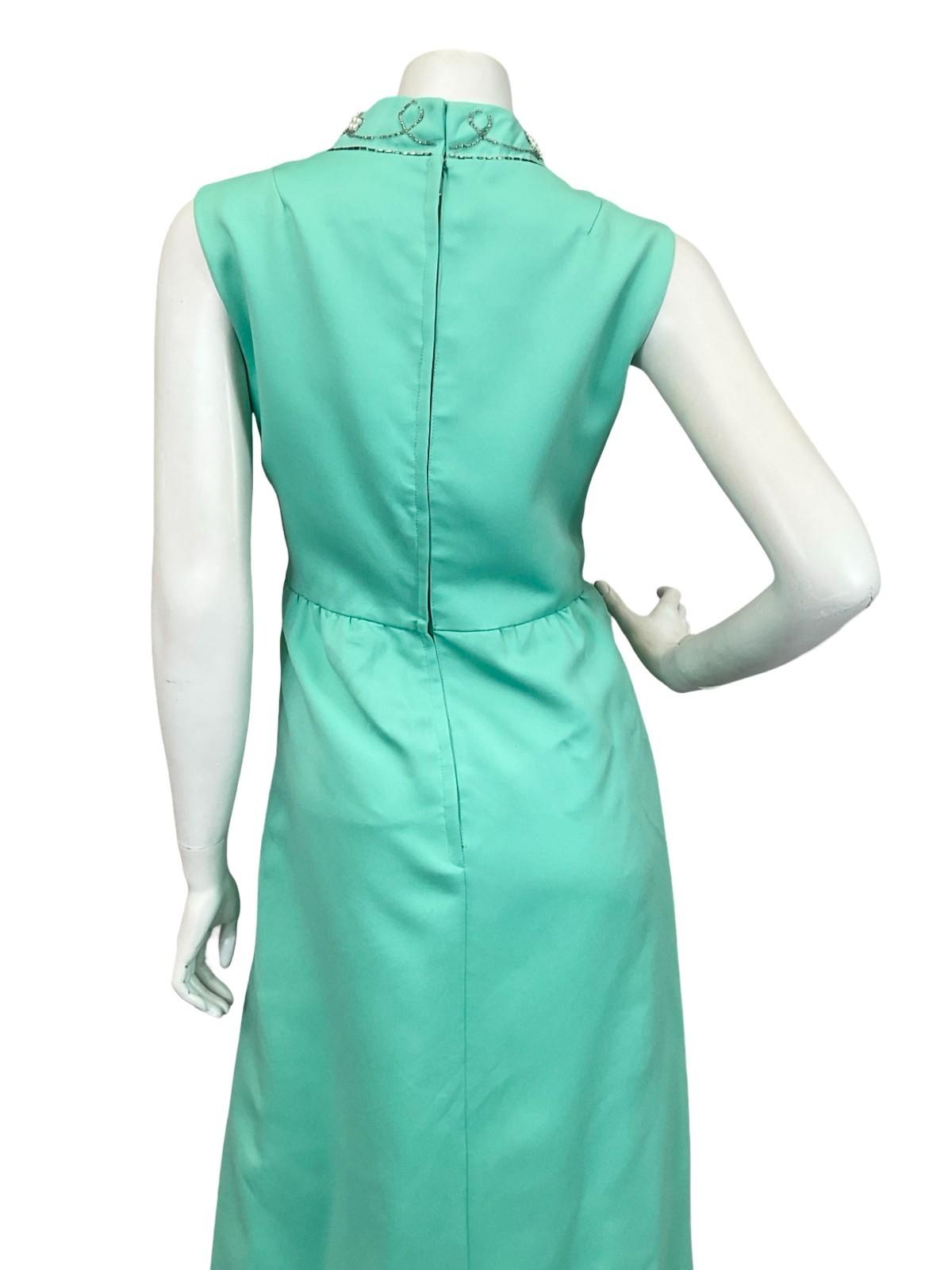 VTG 60S 70S MINT GREEN AQUA PEARL SILVER EMBELLISHED MOD EVENING MAXI DRESS 12