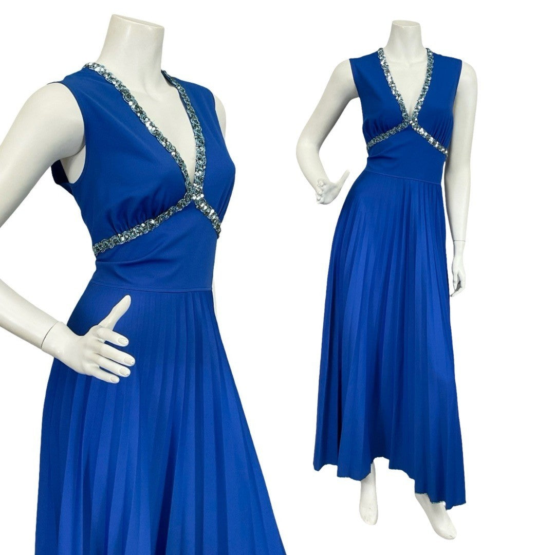 shrinking violets vintage deep blue sequin trim plunging maxi dress on a white mannequin