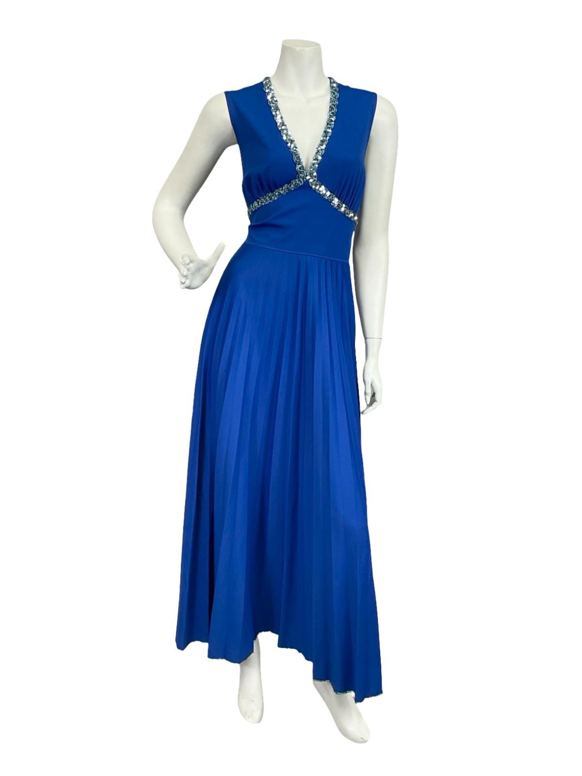 VTG 60S 70S BLUE SEQUIN TRIM PLEATED PLUNGING V NECK PARTY MAXI DRESS 8 10 S