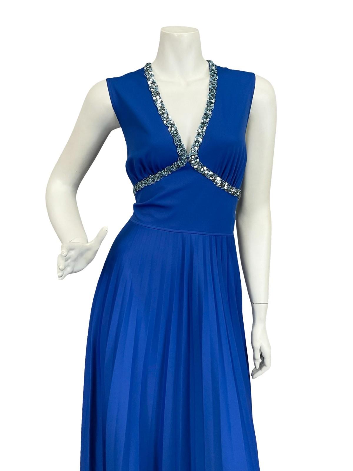 VTG 60S 70S BLUE SEQUIN TRIM PLEATED PLUNGING V NECK PARTY MAXI DRESS 8 10 S