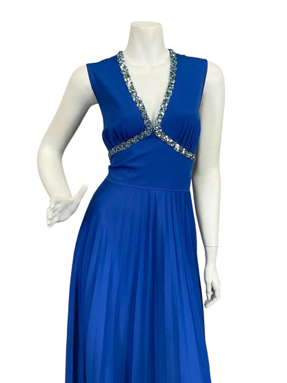 VTG 60S 70S BLUE SEQUIN TRIM PLEATED PLUNGING V NECK PARTY MAXI DRESS 8 10 S