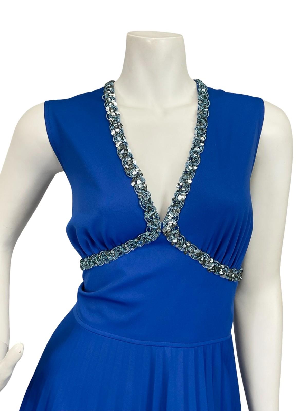 VTG 60S 70S BLUE SEQUIN TRIM PLEATED PLUNGING V NECK PARTY MAXI DRESS 8 10 S