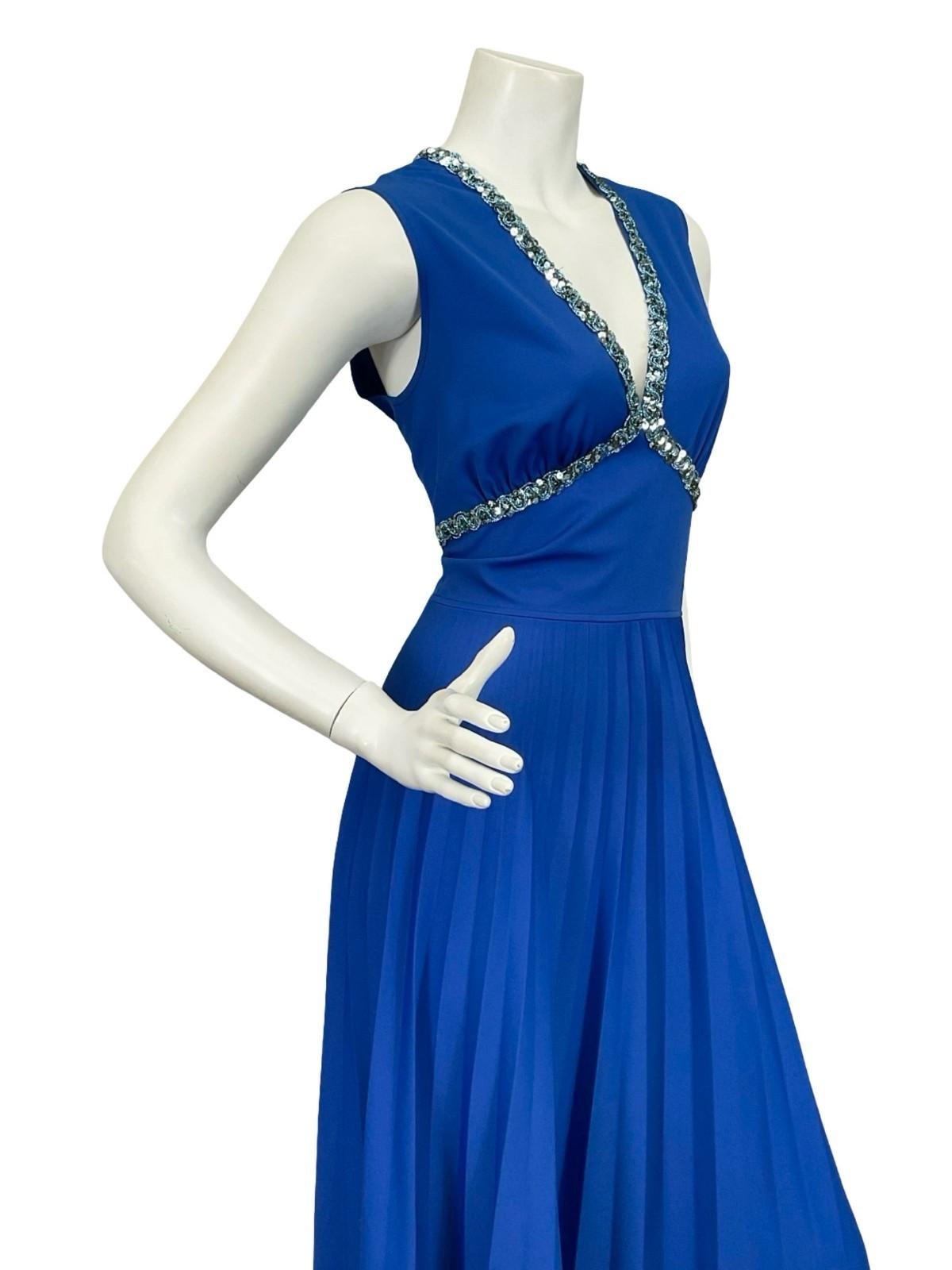 VTG 60S 70S BLUE SEQUIN TRIM PLEATED PLUNGING V NECK PARTY MAXI DRESS 8 10 S