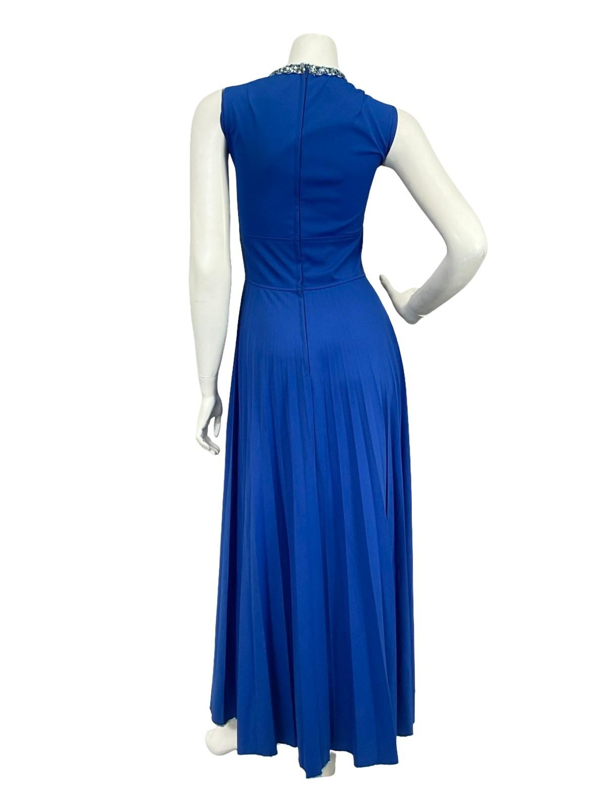 VTG 60S 70S BLUE SEQUIN TRIM PLEATED PLUNGING V NECK PARTY MAXI DRESS 8 10 S