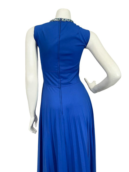 VTG 60S 70S BLUE SEQUIN TRIM PLEATED PLUNGING V NECK PARTY MAXI DRESS 8 10 S