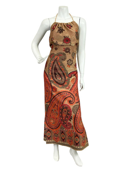 VTG 70S GOLD RED BLACK ORANGE PAISLEY EMPIRE BLOUSON HALTER LUREX MAXI DRESS 10