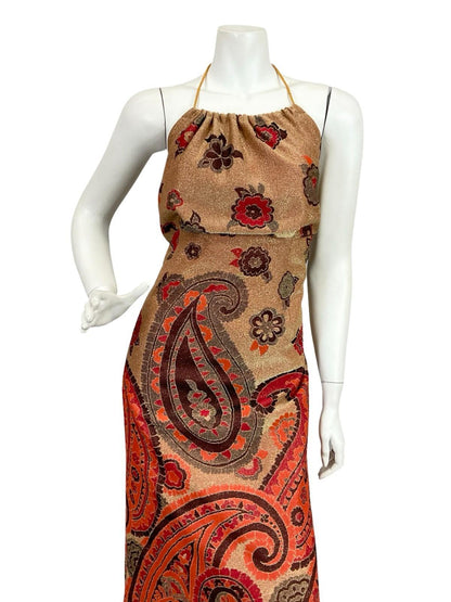 VTG 70S GOLD RED BLACK ORANGE PAISLEY EMPIRE BLOUSON HALTER LUREX MAXI DRESS 10