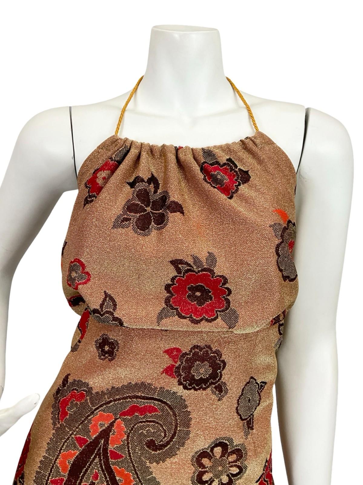 VTG 70S GOLD RED BLACK ORANGE PAISLEY EMPIRE BLOUSON HALTER LUREX MAXI DRESS 10
