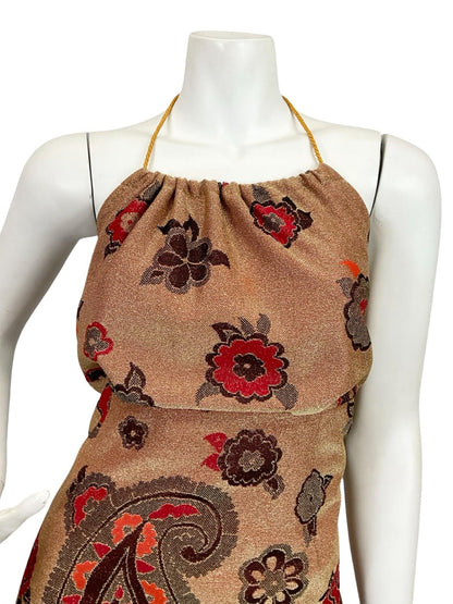 VTG 70S GOLD RED BLACK ORANGE PAISLEY EMPIRE BLOUSON HALTER LUREX MAXI DRESS 10