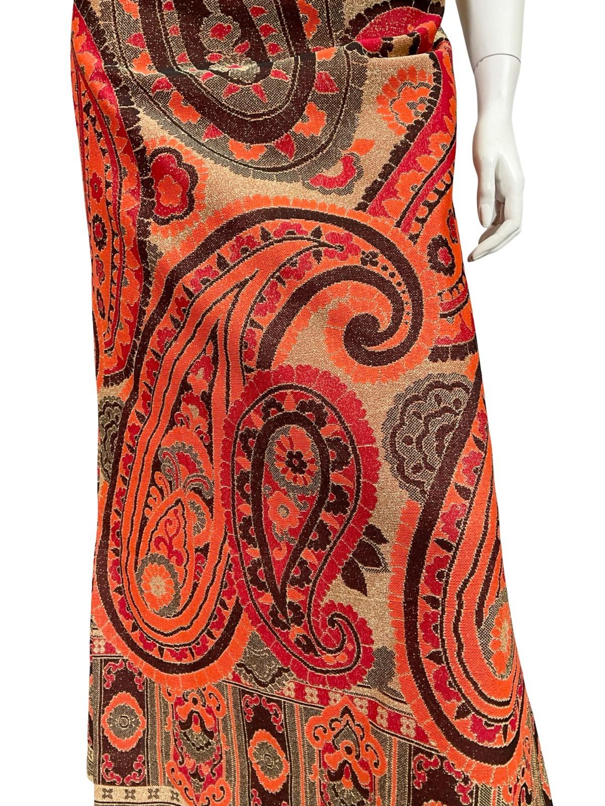 VTG 70S GOLD RED BLACK ORANGE PAISLEY EMPIRE BLOUSON HALTER LUREX MAXI DRESS 10