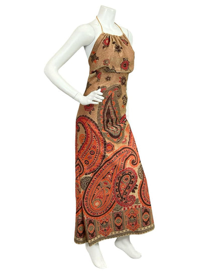 VTG 70S GOLD RED BLACK ORANGE PAISLEY EMPIRE BLOUSON HALTER LUREX MAXI DRESS 10