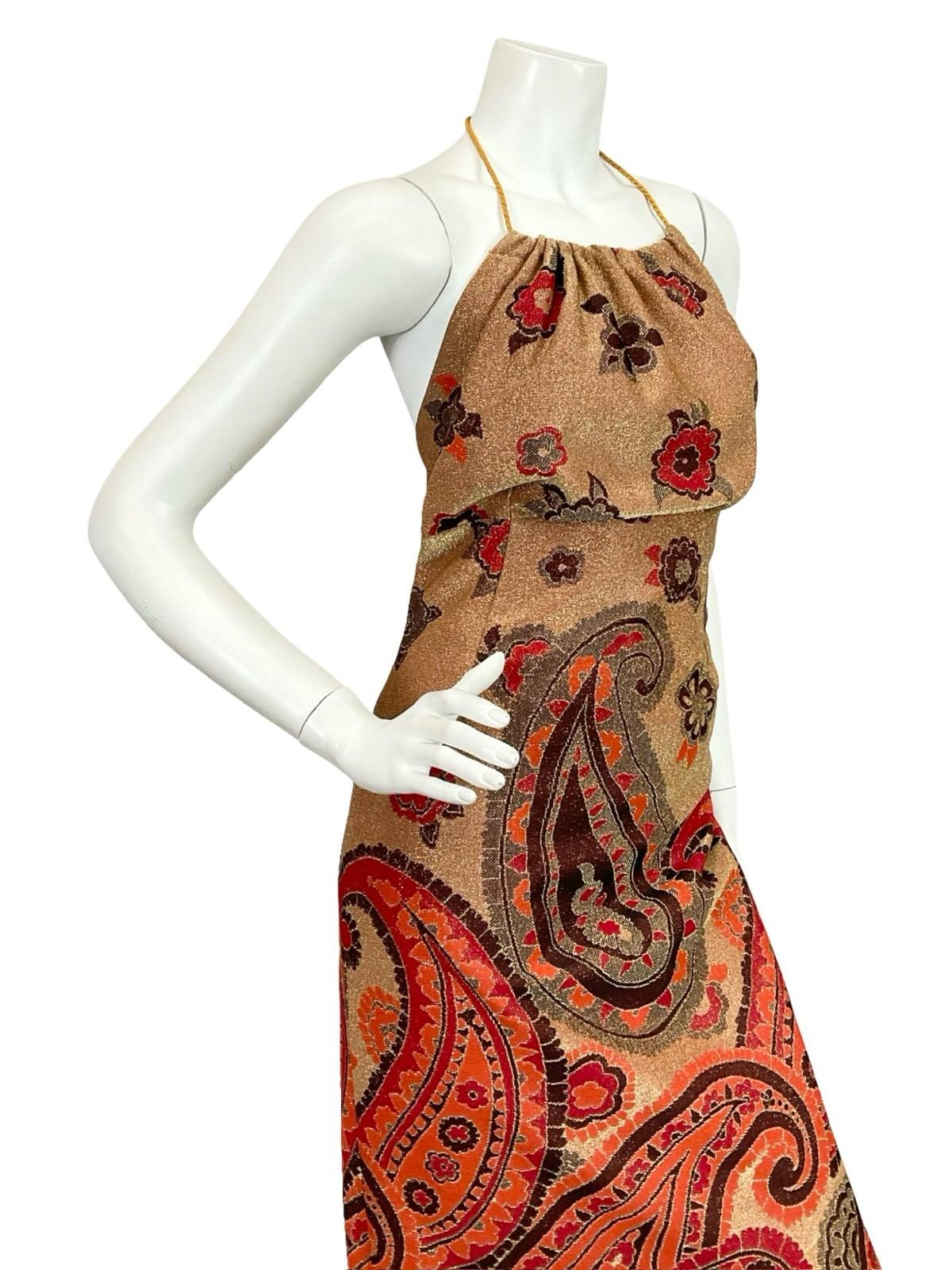 VTG 70S GOLD RED BLACK ORANGE PAISLEY EMPIRE BLOUSON HALTER LUREX MAXI DRESS 10