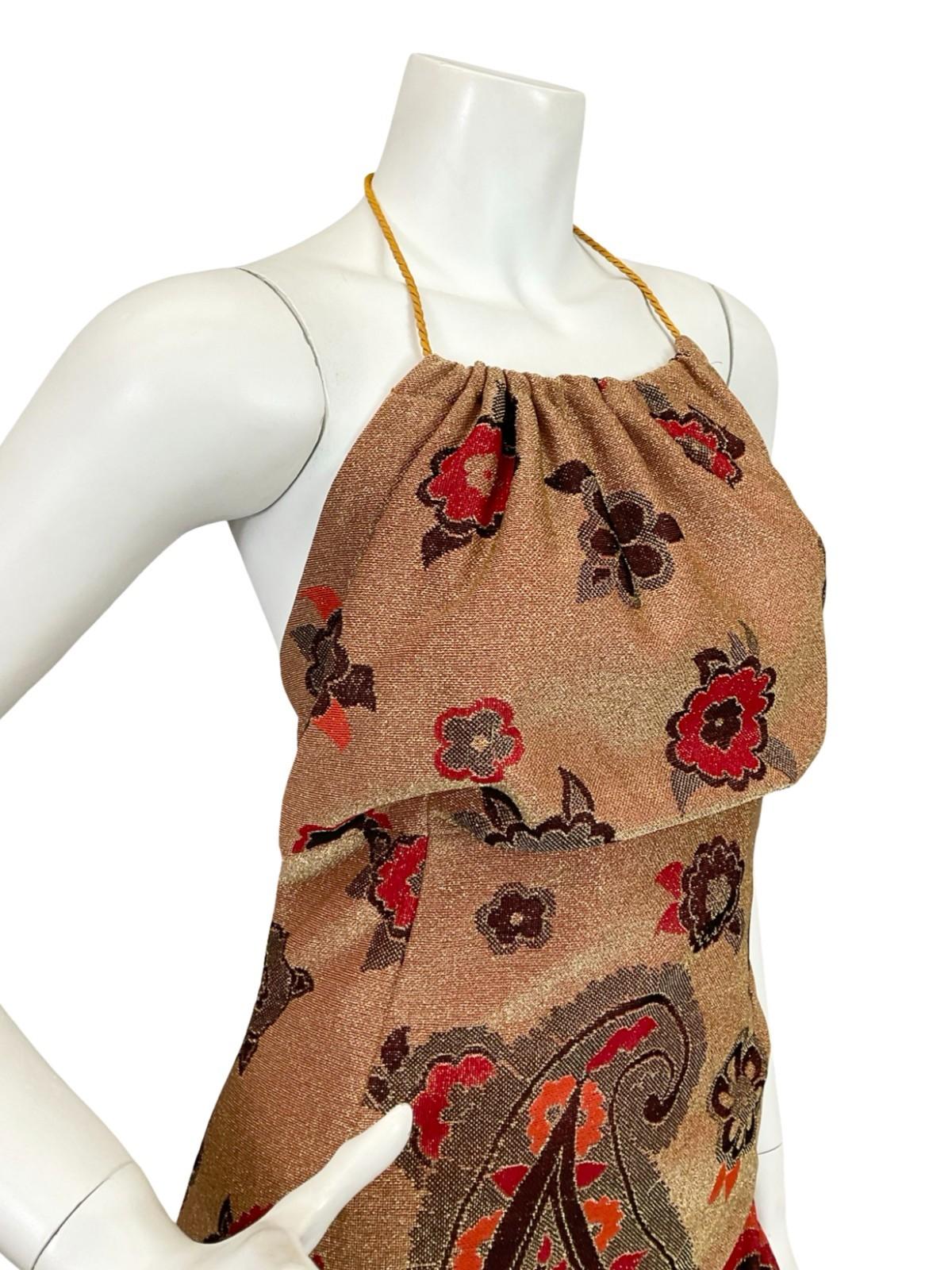 VTG 70S GOLD RED BLACK ORANGE PAISLEY EMPIRE BLOUSON HALTER LUREX MAXI DRESS 10