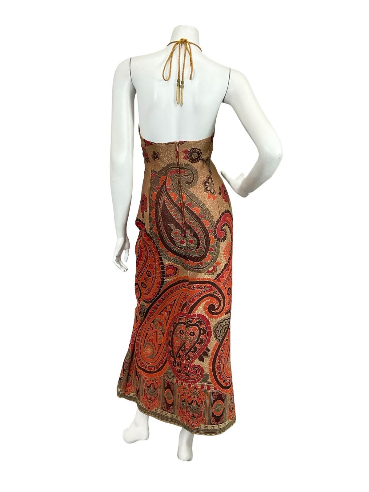 VTG 70S GOLD RED BLACK ORANGE PAISLEY EMPIRE BLOUSON HALTER LUREX MAXI DRESS 10