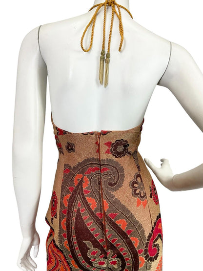 VTG 70S GOLD RED BLACK ORANGE PAISLEY EMPIRE BLOUSON HALTER LUREX MAXI DRESS 10
