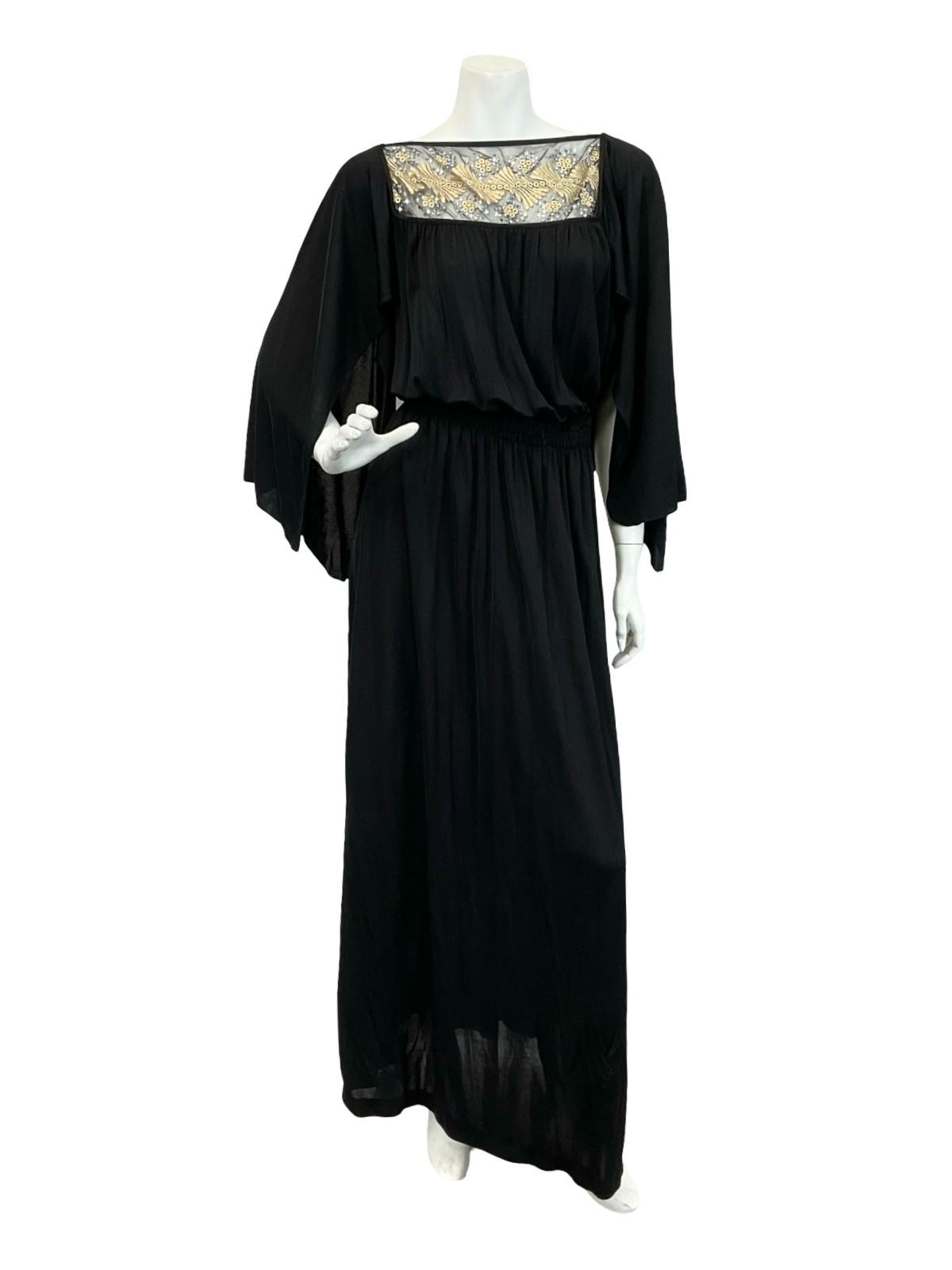 VTG 70S BLACK GOLD EMBROIDERED BOHO FLOATY BLOUSON CAPE SLEEVE MAXI DRESS 6