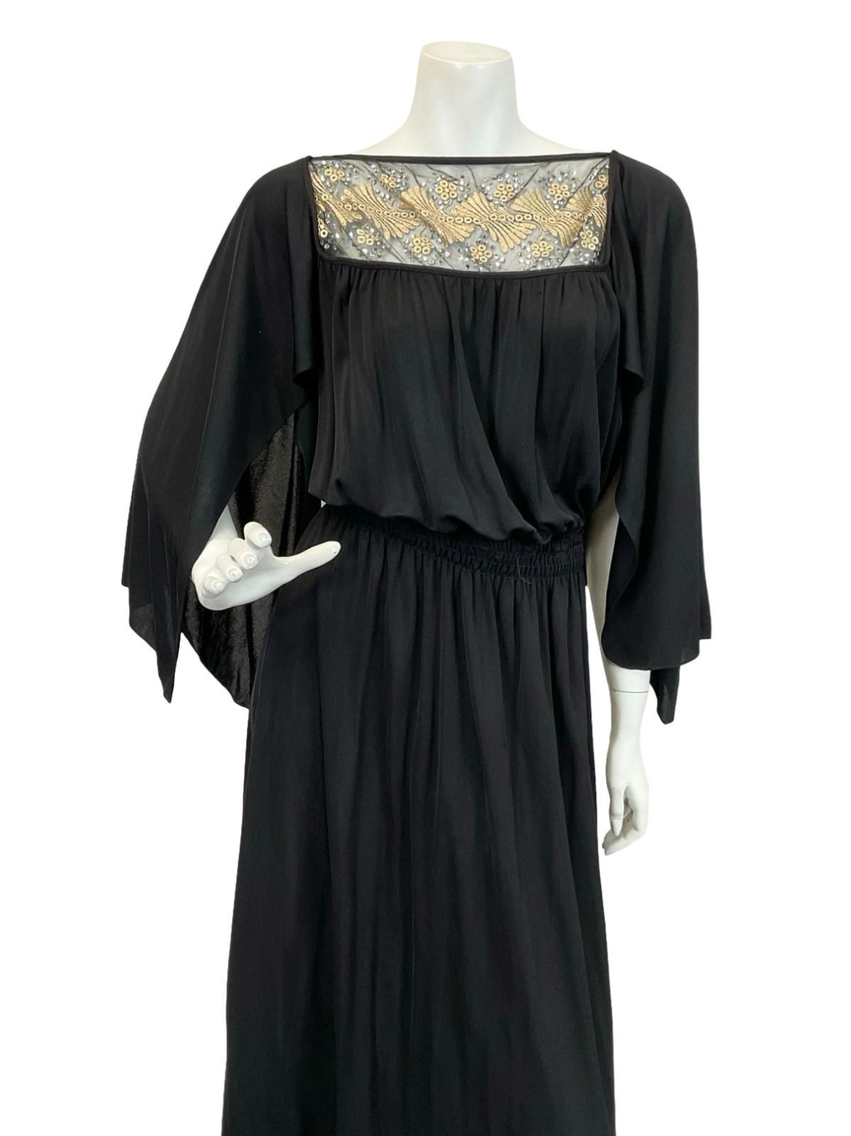 VTG 70S BLACK GOLD EMBROIDERED BOHO FLOATY BLOUSON CAPE SLEEVE MAXI DRESS 6