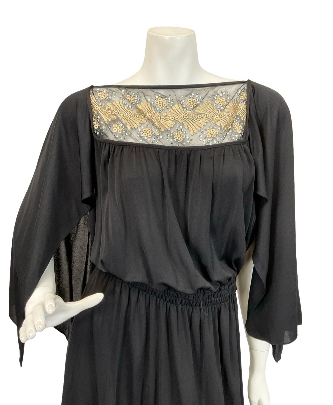 VTG 70S BLACK GOLD EMBROIDERED BOHO FLOATY BLOUSON CAPE SLEEVE MAXI DRESS 6