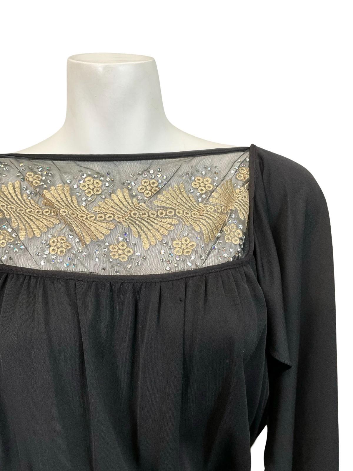 VTG 70S BLACK GOLD EMBROIDERED BOHO FLOATY BLOUSON CAPE SLEEVE MAXI DRESS 6