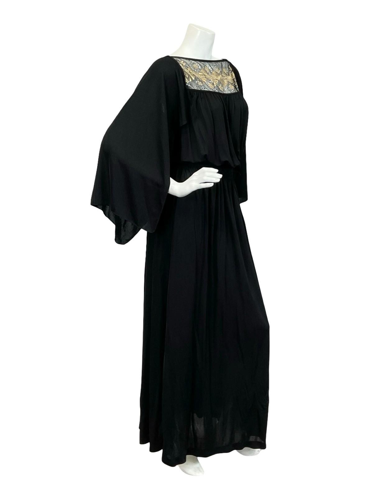 VTG 70S BLACK GOLD EMBROIDERED BOHO FLOATY BLOUSON CAPE SLEEVE MAXI DRESS 6
