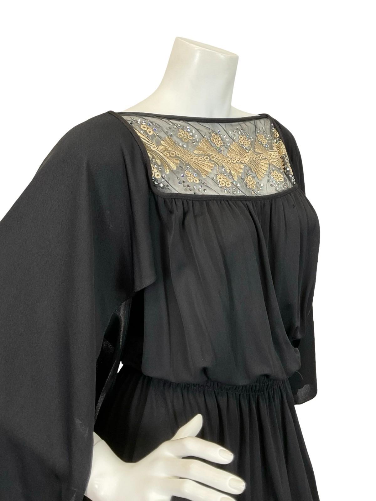 VTG 70S BLACK GOLD EMBROIDERED BOHO FLOATY BLOUSON CAPE SLEEVE MAXI DRESS 6