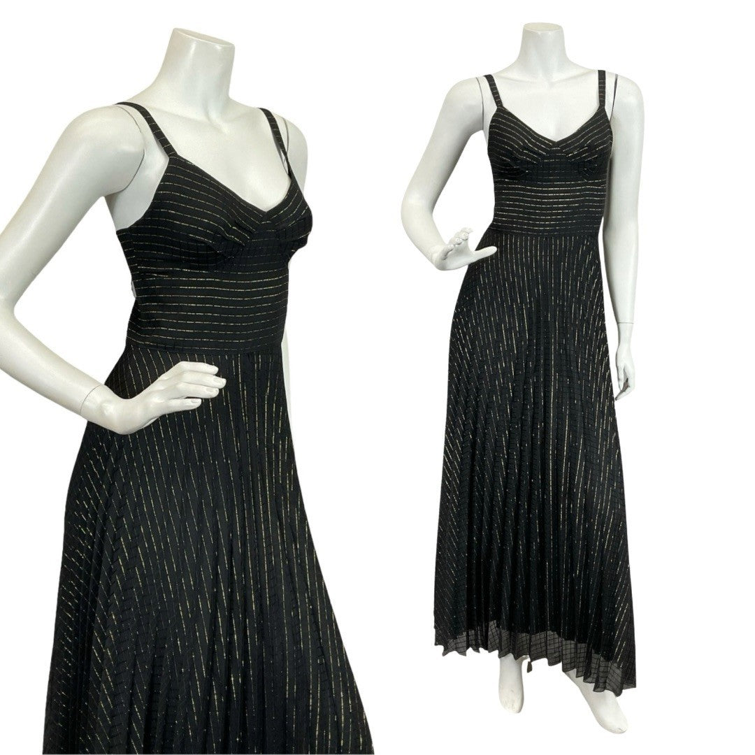 shrinking violets gold and black stripe strappy maxi dress on a white mannequin