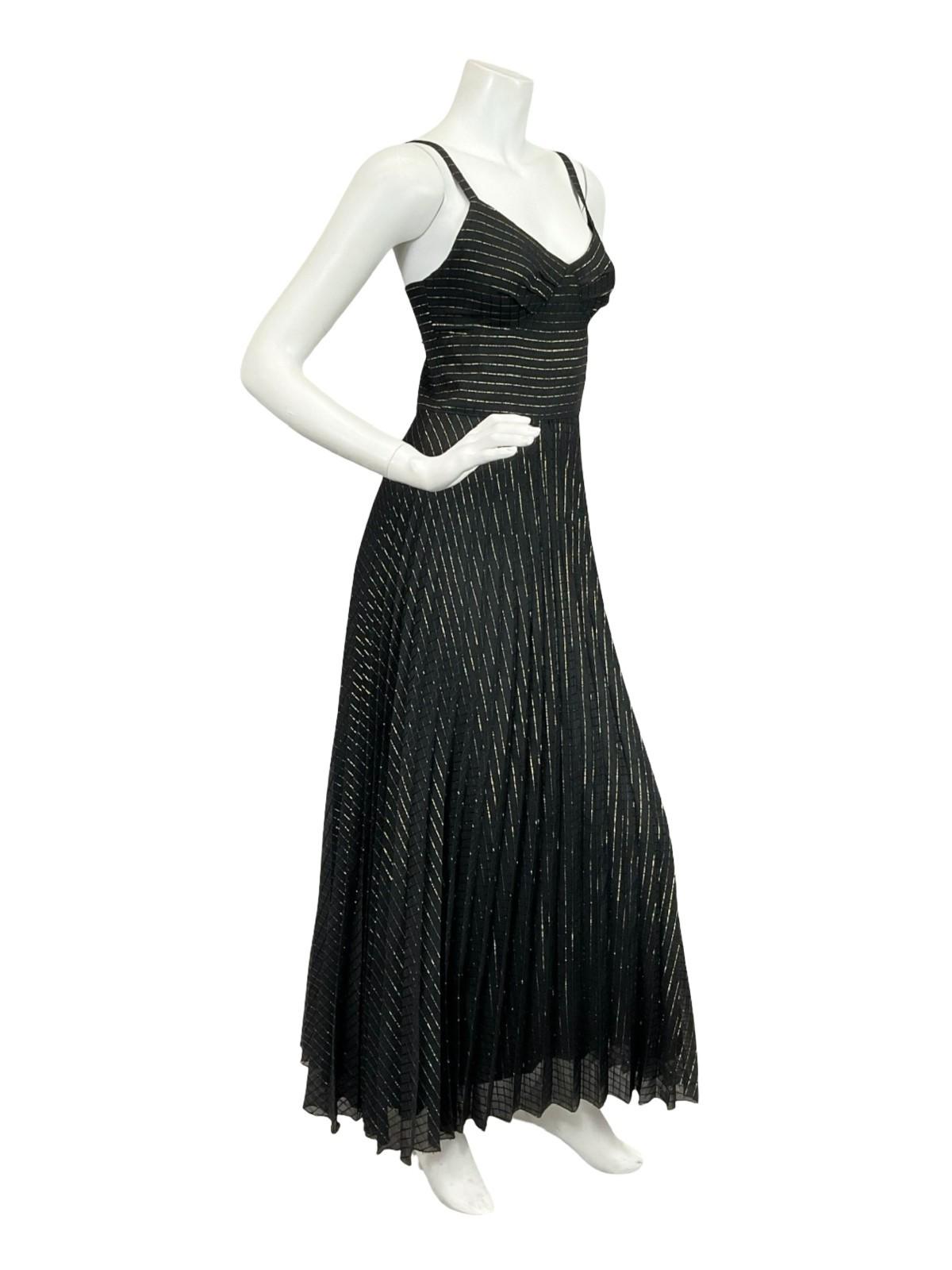 VTG 60S 70S BLACK GOLD STRIPED LUREX SWEETHEART STRAPPY PLEATED MAXI DRESS XS 6