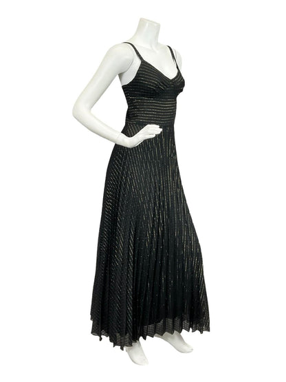 VTG 60S 70S BLACK GOLD STRIPED LUREX SWEETHEART STRAPPY PLEATED MAXI DRESS XS 6