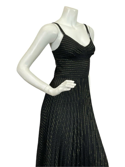 VTG 60S 70S BLACK GOLD STRIPED LUREX SWEETHEART STRAPPY PLEATED MAXI DRESS XS 6