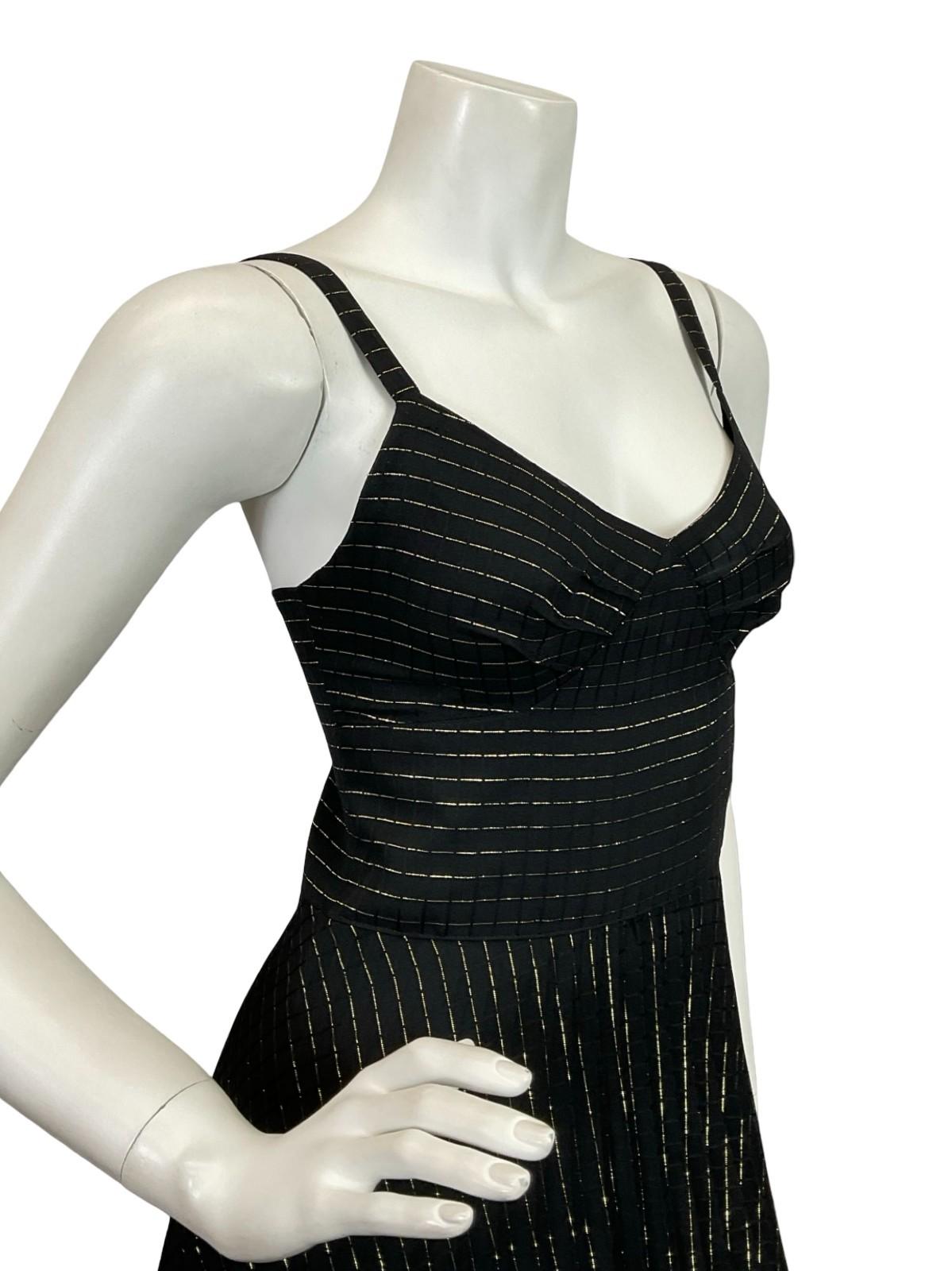 VTG 60S 70S BLACK GOLD STRIPED LUREX SWEETHEART STRAPPY PLEATED MAXI DRESS XS 6