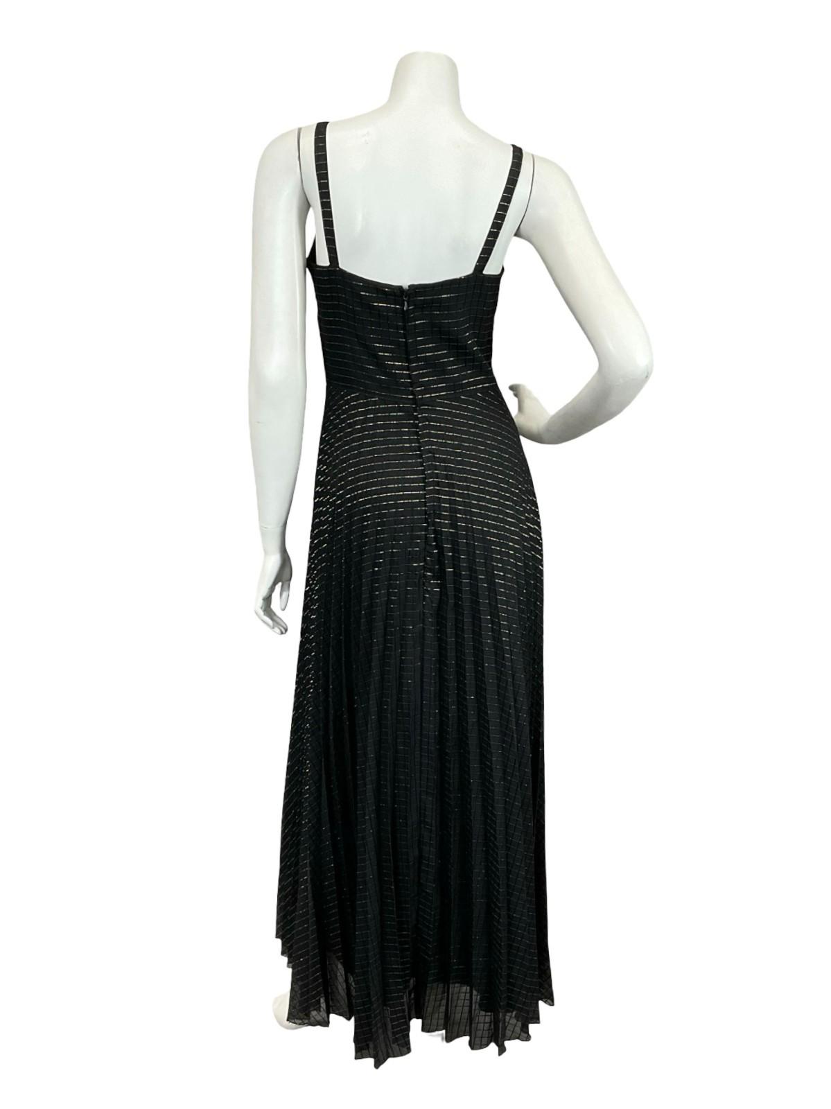 VTG 60S 70S BLACK GOLD STRIPED LUREX SWEETHEART STRAPPY PLEATED MAXI DRESS XS 6