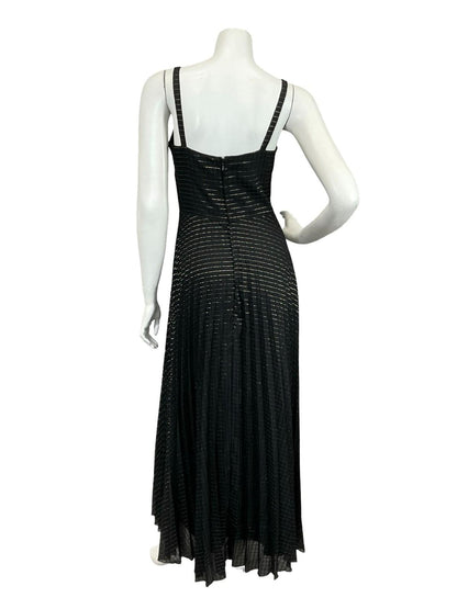 VTG 60S 70S BLACK GOLD STRIPED LUREX SWEETHEART STRAPPY PLEATED MAXI DRESS XS 6