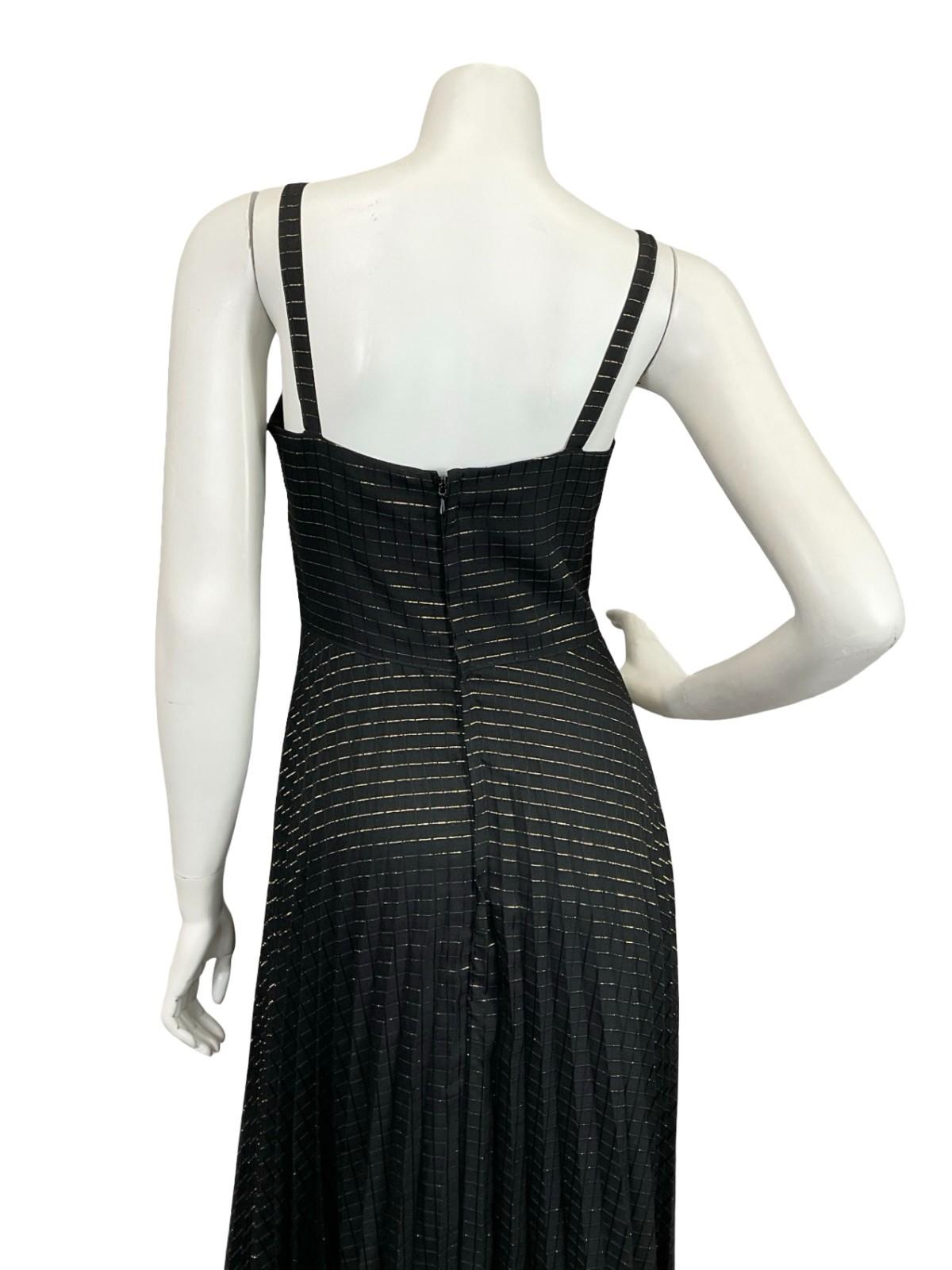 VTG 60S 70S BLACK GOLD STRIPED LUREX SWEETHEART STRAPPY PLEATED MAXI DRESS XS 6