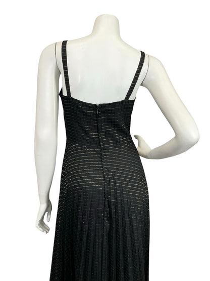 VTG 60S 70S BLACK GOLD STRIPED LUREX SWEETHEART STRAPPY PLEATED MAXI DRESS XS 6