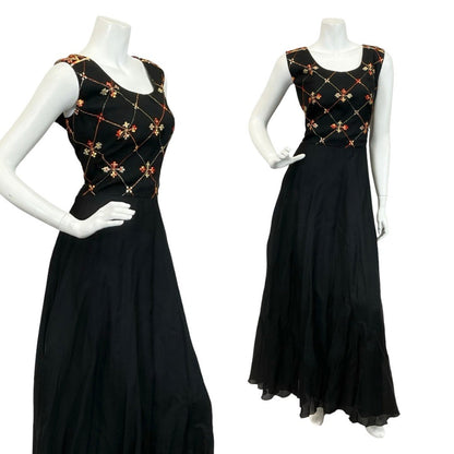VTG 60S 70S BLACK ORANGE GOLD VERA MONT PLEATED EMBROIDERED MAXI DRESS 12