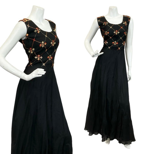 VTG 60S 70S BLACK ORANGE GOLD VERA MONT PLEATED EMBROIDERED MAXI DRESS 12