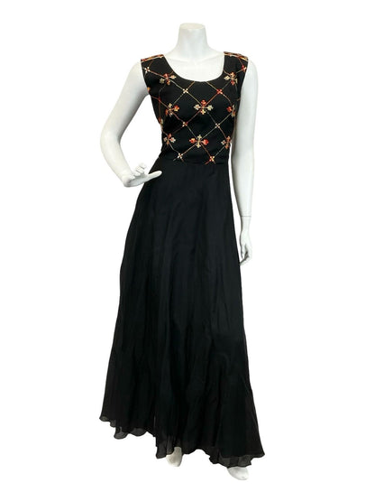VTG 60S 70S BLACK ORANGE GOLD VERA MONT PLEATED EMBROIDERED MAXI DRESS 12