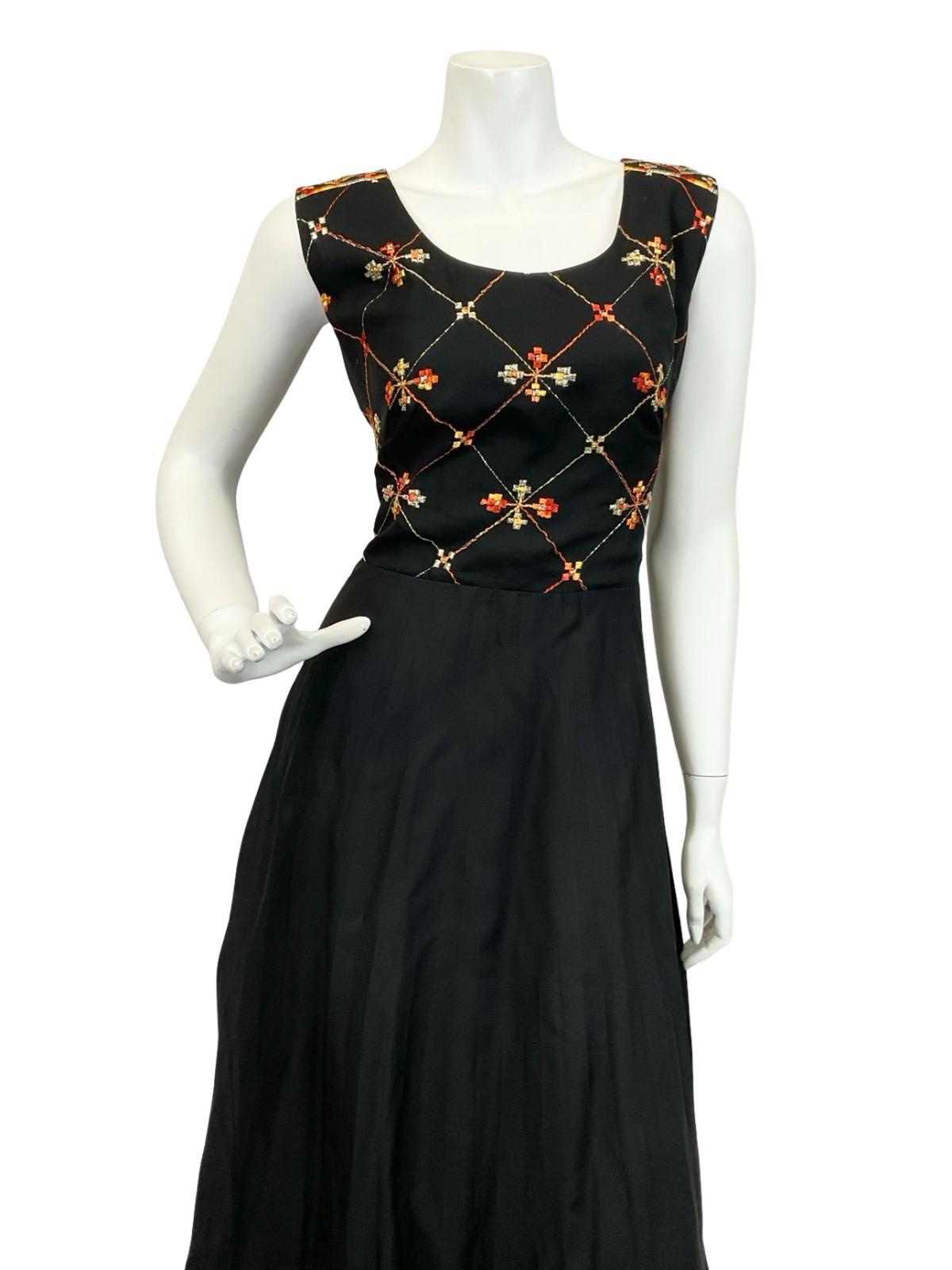 VTG 60S 70S BLACK ORANGE GOLD VERA MONT PLEATED EMBROIDERED MAXI DRESS 12