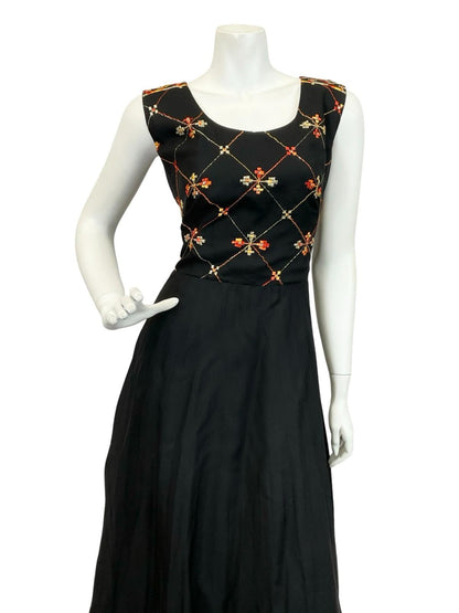 VTG 60S 70S BLACK ORANGE GOLD VERA MONT PLEATED EMBROIDERED MAXI DRESS 12