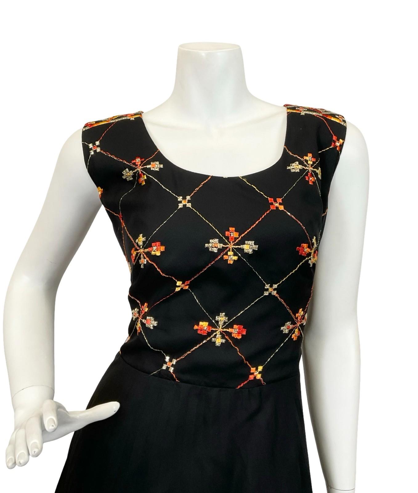 VTG 60S 70S BLACK ORANGE GOLD VERA MONT PLEATED EMBROIDERED MAXI DRESS 12