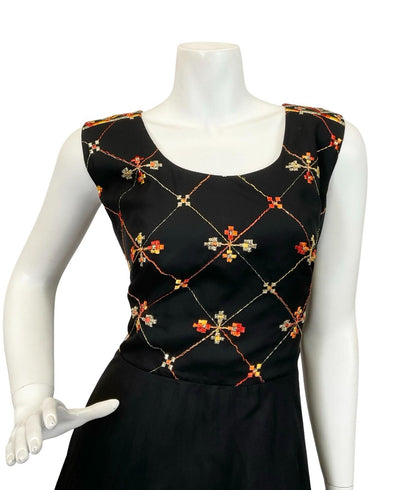 VTG 60S 70S BLACK ORANGE GOLD VERA MONT PLEATED EMBROIDERED MAXI DRESS 12