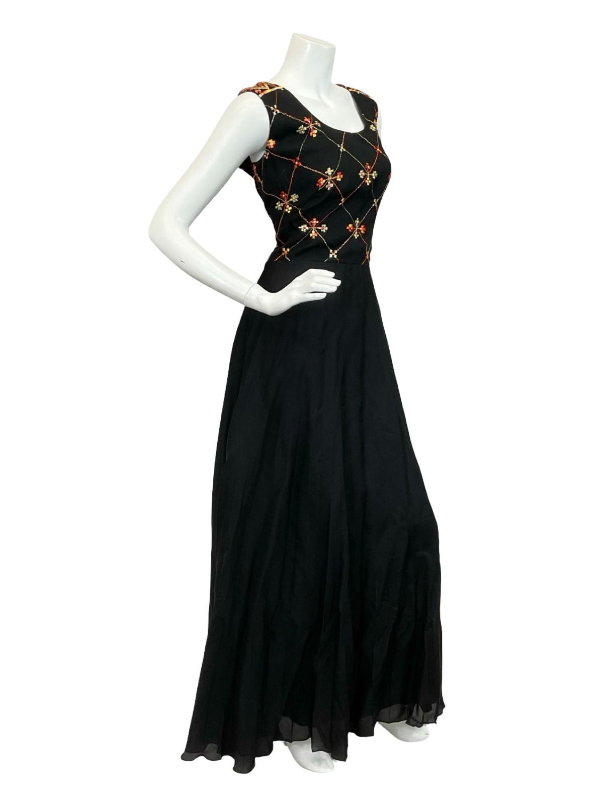 VTG 60S 70S BLACK ORANGE GOLD VERA MONT PLEATED EMBROIDERED MAXI DRESS 12