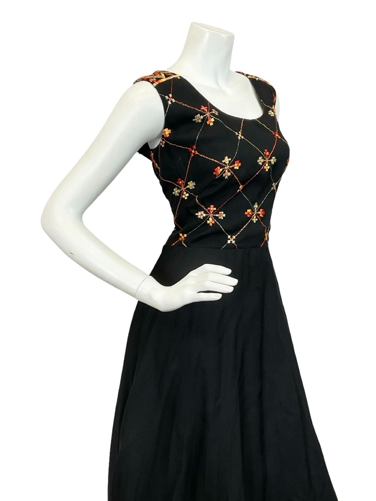 VTG 60S 70S BLACK ORANGE GOLD VERA MONT PLEATED EMBROIDERED MAXI DRESS 12